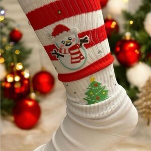 Festive Snowman and Christmas Tree Socks - Red and White